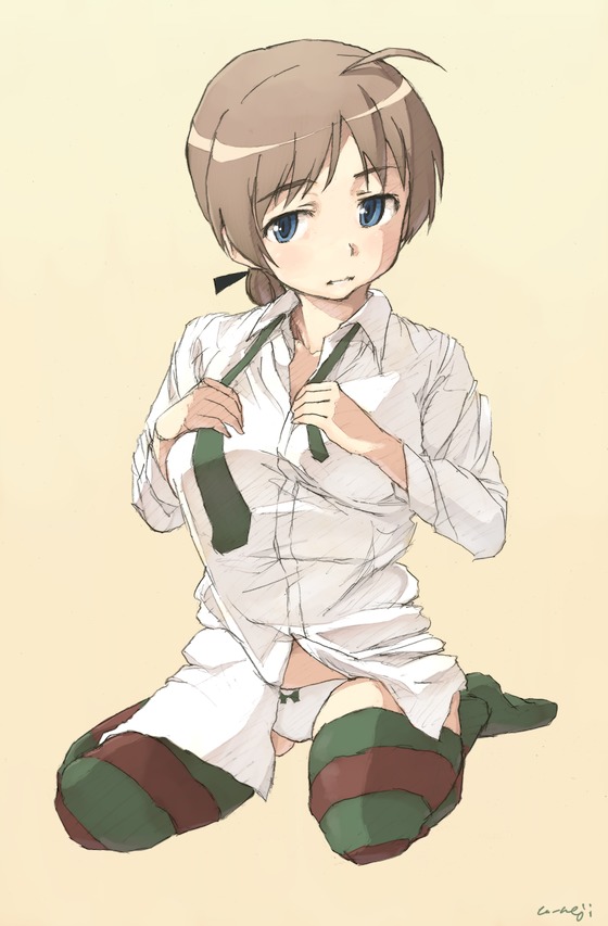 negoro shuujirou, lynette bishop, strike witches, world witches series, bad id, bad pixiv id, 00s, 1girl, blue eyes, brown hair, female focus, panties, ribbon, socks, solo, striped clothes, striped socks, striped thighhighs, thighhighs, underwear, undressing