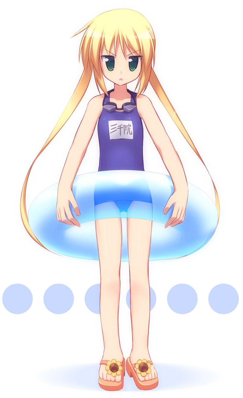 hoppege, sanzen'in nagi, hayate no gotoku!, highres, 00s, blonde hair, child, flip-flops, goggles, innertube, one-piece swimsuit, sandals, school swimsuit, swim ring, swimsuit, twintails