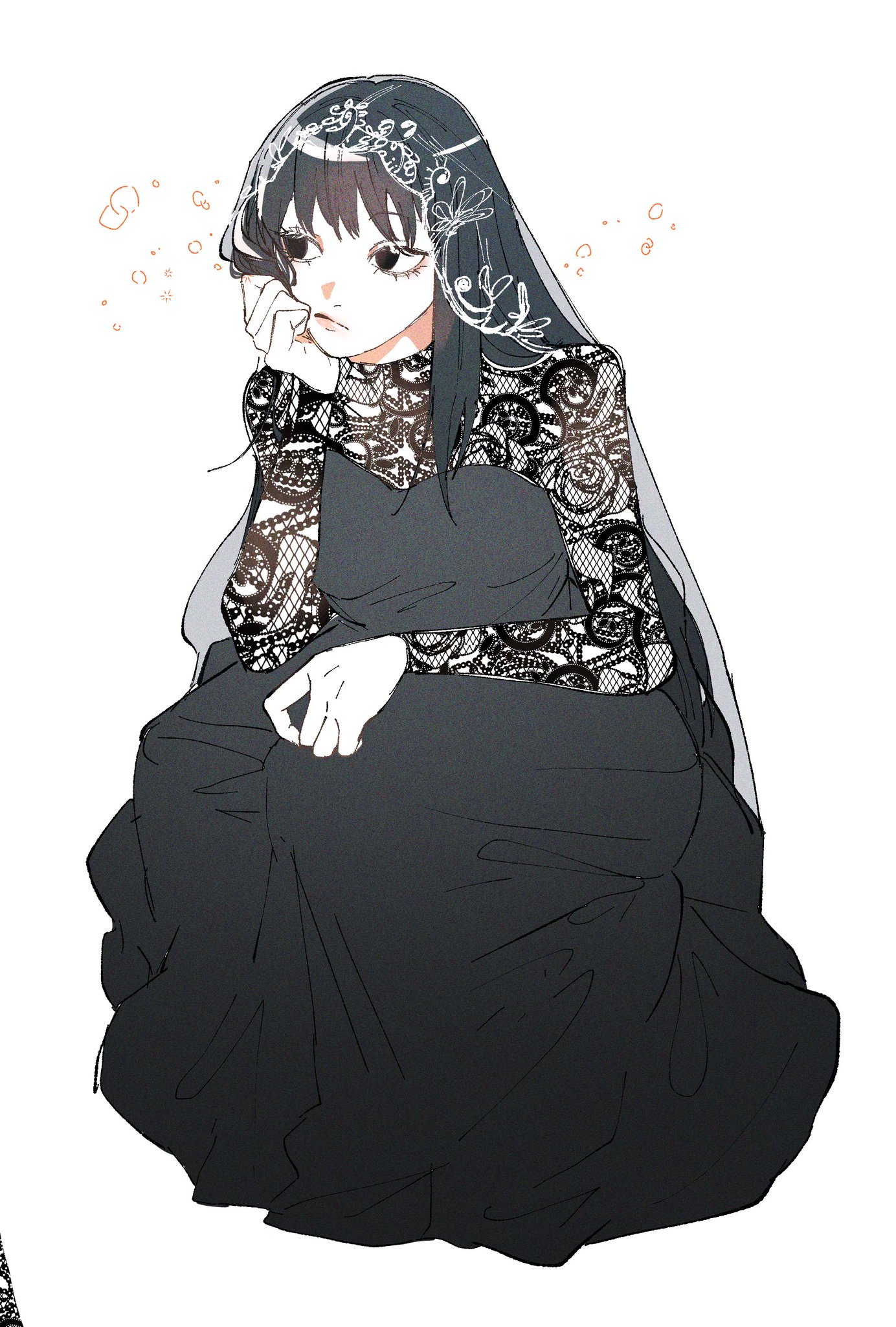 sonono71, osaragi (sakamoto days), sakamoto days, highres, 1girl, black eyes, black hair, black veil, closed mouth, dress, lace-trimmed veil, lace dress, lace trim, long hair, long sleeves, pout, see-through clothes, see-through dress, solo, veil, white background