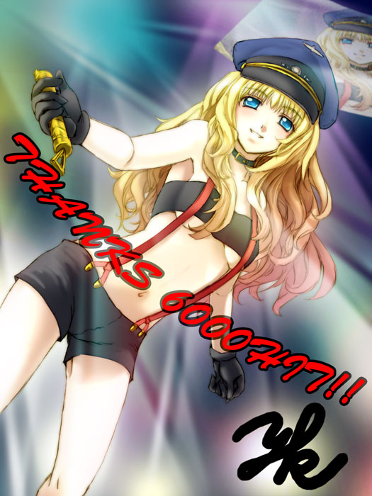 yamakou, yamakou (pixiv16324), sheryl nome, macross, macross frontier, 00s, 1girl, blonde hair, blue eyes, breasts, contrapposto, female focus, hat, long hair, looking at viewer, midriff, navel, peaked cap, short shorts, shorts, solo, standing, stomach, strapless, suspenders, tube top, underboob, very long hair, wavy hair