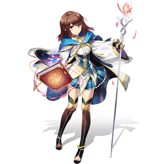 shiina kokomi, girlfriend (kari), tenkuu no crystalia, artist request, official art, 1girl, black gloves, blue cape, blue skirt, book, bow, brown eyes, brown hair, brown thighhighs, cape, coat, day, fingerless gloves, floating book, floating object, gloves, jewelry, magic book, medium hair, necklace, plaid clothes, plaid skirt, skirt, spellcaster type, staff, standing, thighhighs, toes, transparent background, white coat