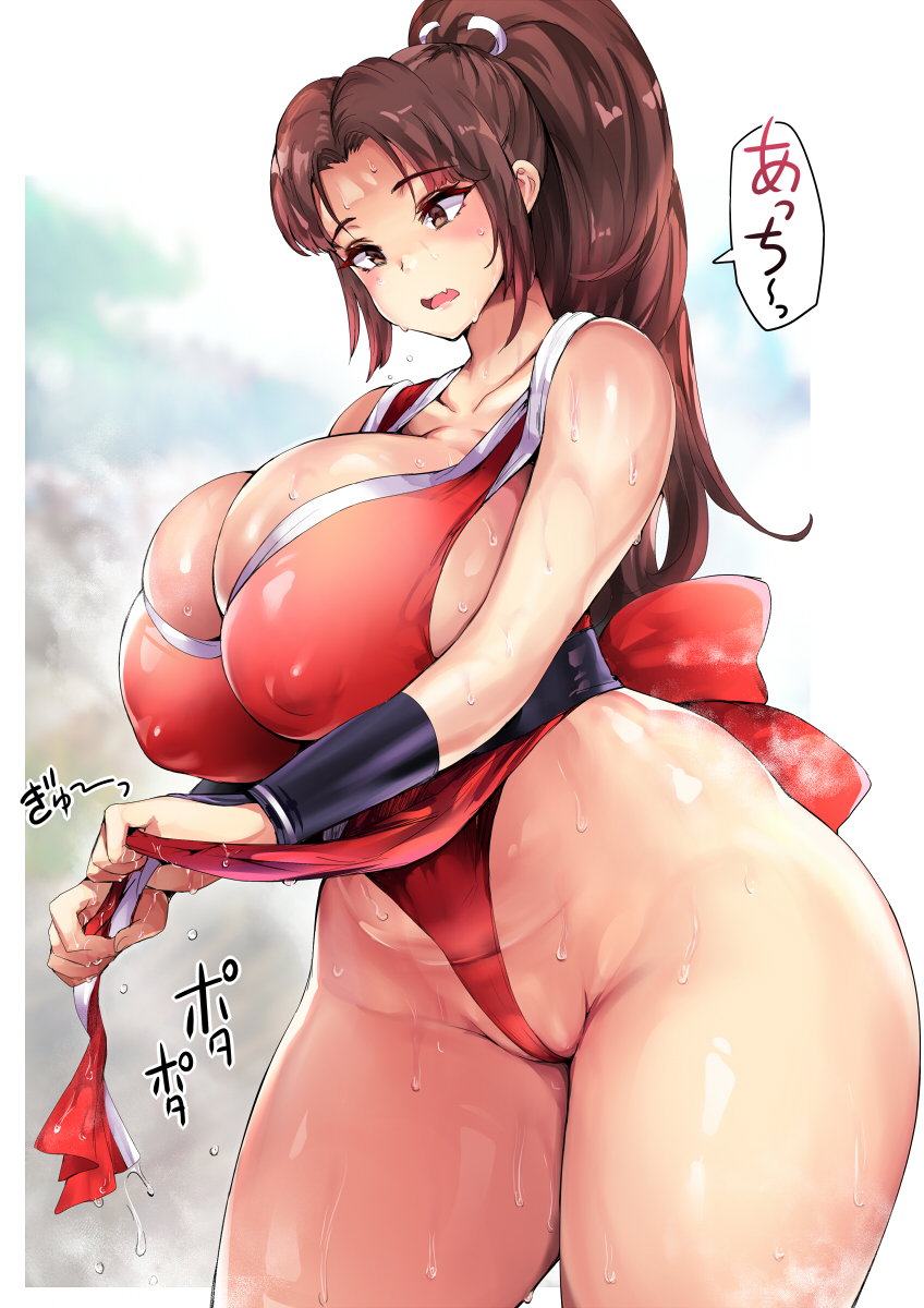 shiranui mai, fatal fury, 1girl, breasts, huge breasts, long hair, solo, sweat
