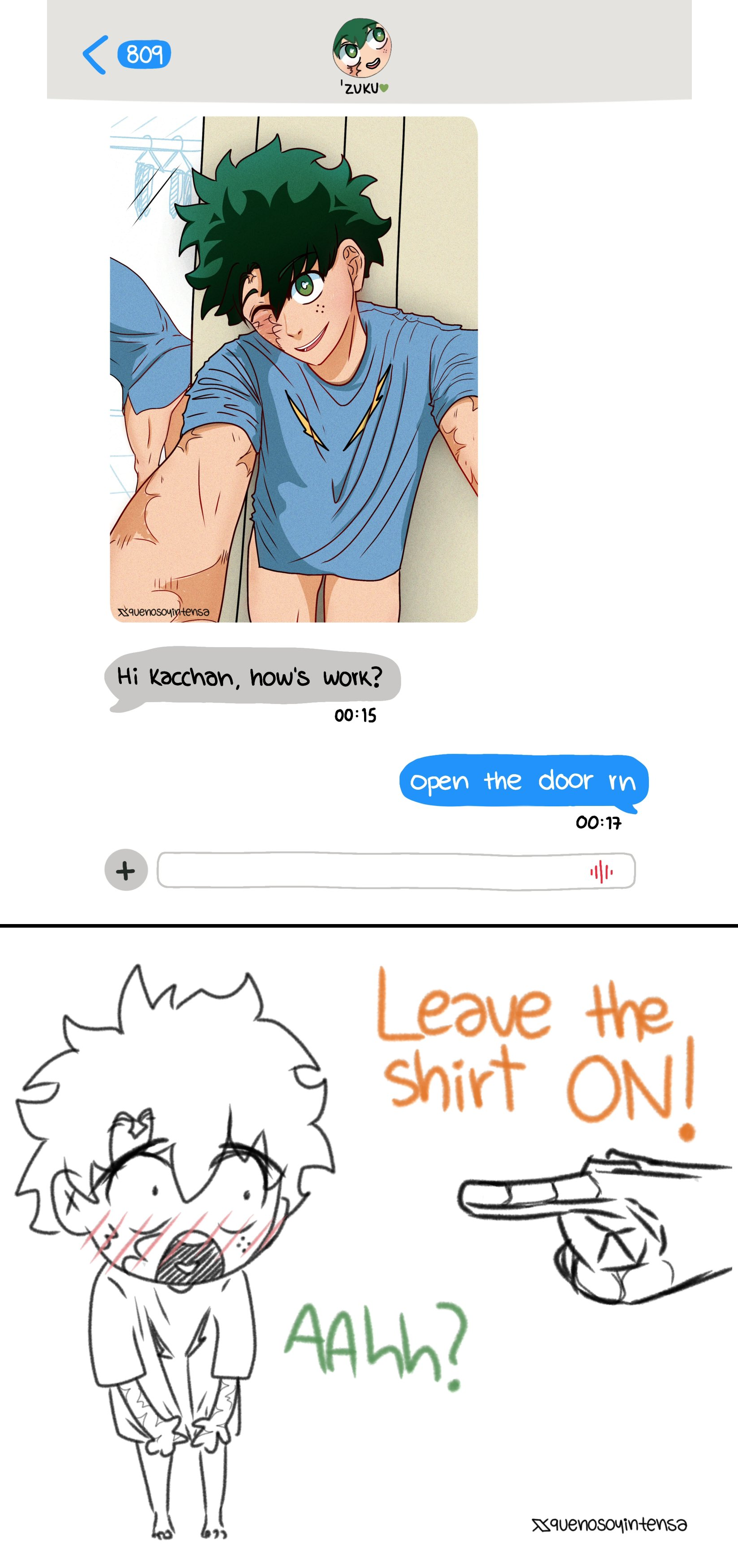 bakugou katsuki, midoriya izuku, boku no hero academia, shirt only, ass, bakudeku, barefoot, blush, bottomless, chat log, covering privates, embarrassed, freckles, legs, no male underwear, no pants, one eye closed, pov, quenosoyintensa, scar, scar on arm, scar on face, selfie, shirt, wink, yaoi