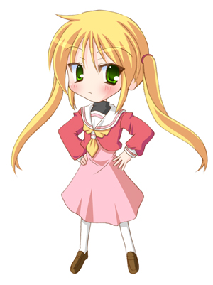 hitsuki miyu, sanzen'in nagi, hayate no gotoku!, bad id, bad pixiv id, lowres, 00s, 1girl, ascot, blush, dress, female focus, full body, green eyes, hands on own hips, loafers, long sleeves, pantyhose, red dress, shoes, sidelocks, solo, standing, twintails, white pantyhose