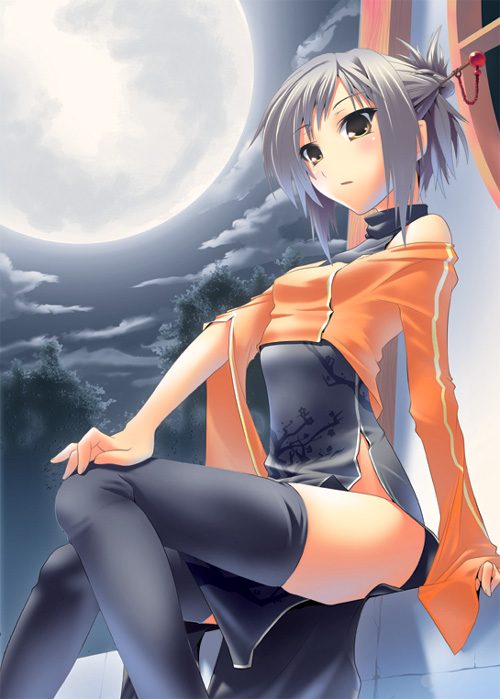 nilitsu, nagato yuki, suzumiya haruhi no yuuutsu, silver hair, traditional clothes, 00s, 1girl, alternate hairstyle, black thighhighs, china dress, chinese clothes, dress, female focus, full moon, hair ornament, hairpin, hand on own knee, moon, no eyewear, short hair, side slit, sitting, sky, solo, thighhighs, yellow eyes