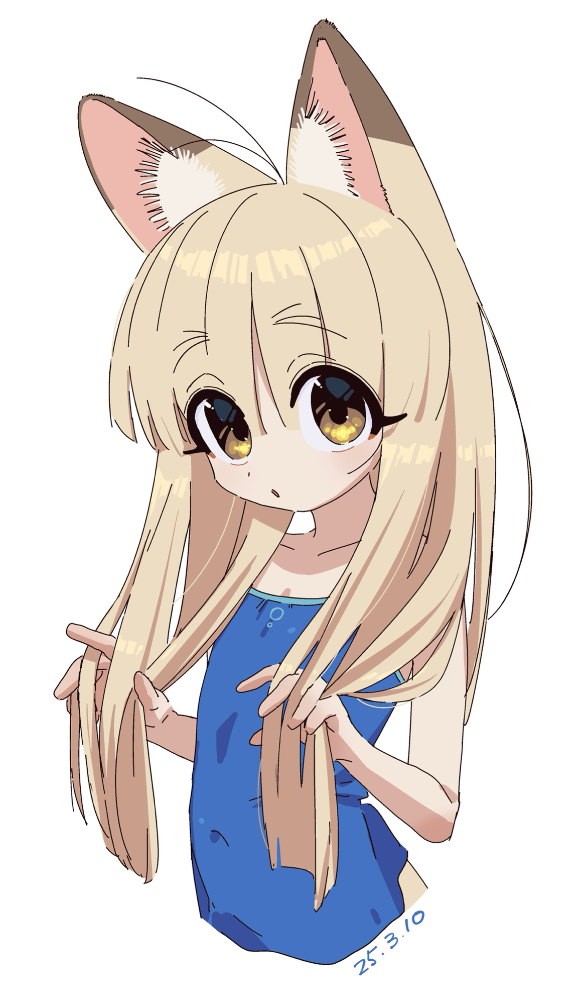 bouen, original, commentary request, highres, 1girl, :o, animal ear fluff, animal ears, blonde hair, blue camisole, camisole, covered navel, eyes visible through hair, flat chest, fox ears, fox girl, hair between eyes, hands in own hair, long hair, looking at viewer, nuka-chan, open mouth, simple background, solo, white background, yellow eyes