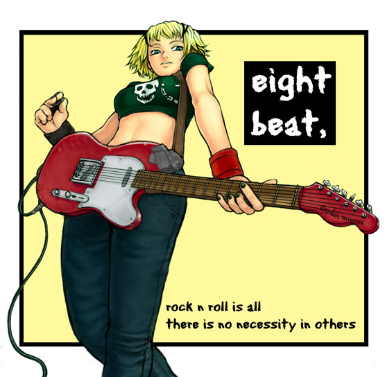 itou eito, original, 1girl, blonde hair, blue eyes, denim, english text, engrish text, female focus, guitar, instrument, jeans, midriff, nail polish, pants, ranguage, short hair, solo, wristband