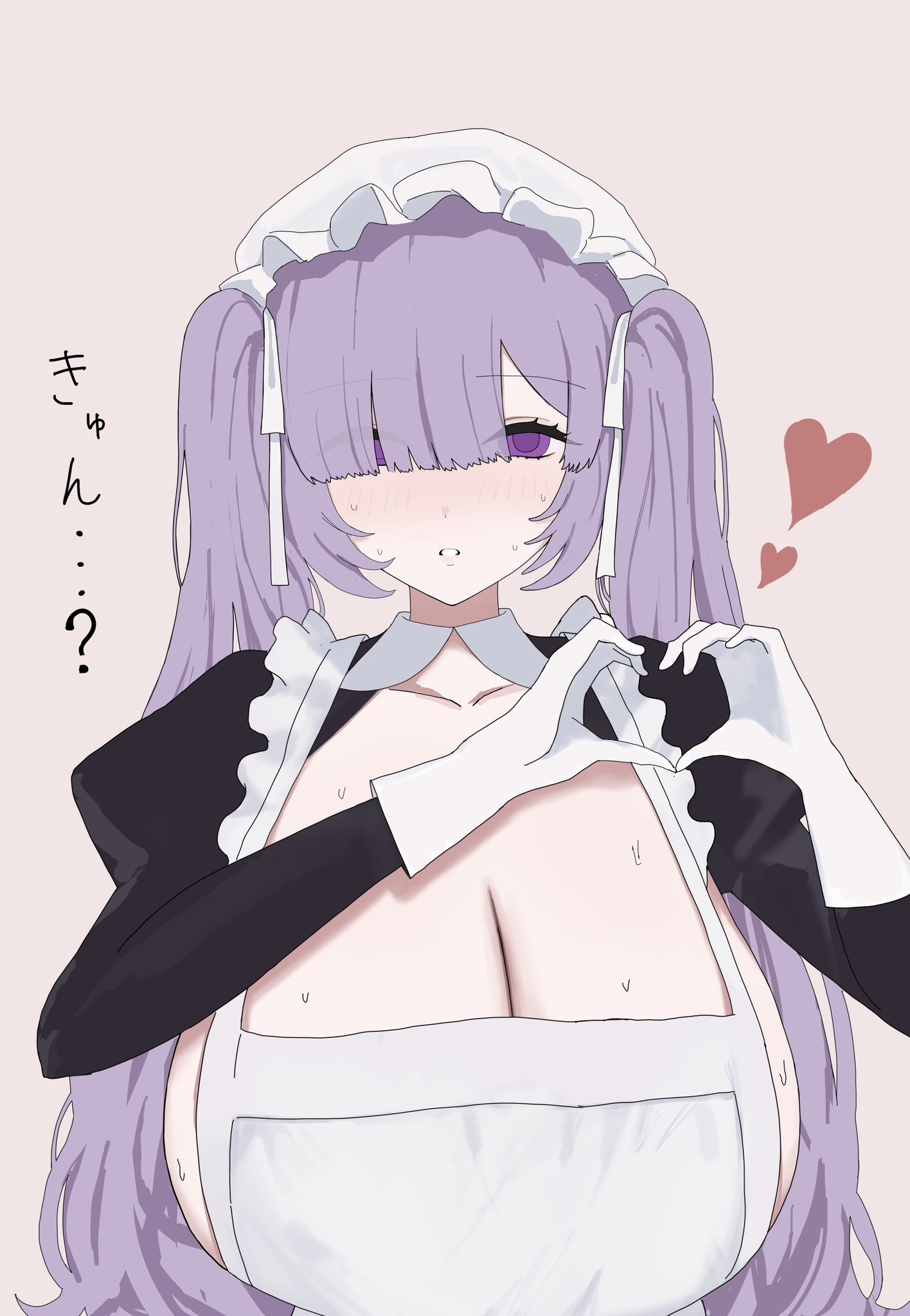 aremen, francoise (eurasia), original, commentary request, highres, 1girl, ?, apron, black shirt, blush, borrowed character, breasts, cleavage, frilled apron, frills, gloves, hair over one eye, hair ribbon, hands up, hat, heart, heart hands, juliet sleeves, long bangs, long sleeves, maid, maid apron, mob cap, no bra, parted lips, puffy sleeves, purple eyes, purple hair, ribbon, shirt, sideboob, simple background, solo, twintails, upper body, white apron, white gloves, white hat, white ribbon