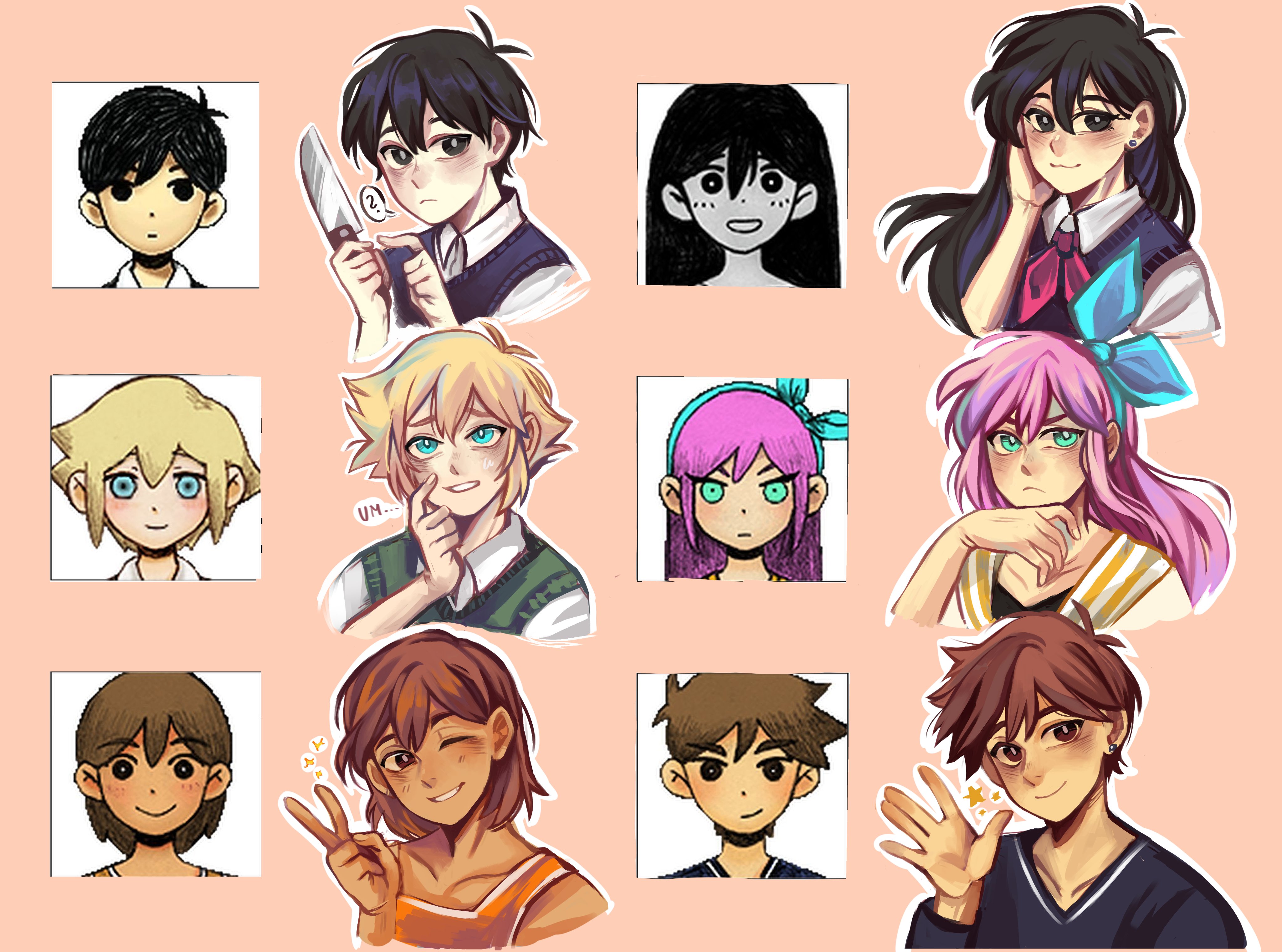 mikhamii, aubrey (faraway) (omori), aubrey (omori), basil (faraway) (omori), basil (omori), hero (faraway) (omori), hero (omori), kel (faraway) (omori), kel (omori), mari (headspace) (omori), mari (omori), omori, absurdres, commentary, english commentary, highres, 2girls, 4boys, :3, :d, ;d, ?, ||/, antenna hair, bare shoulders, black eyes, black hair, black shirt, black sweater vest, blonde hair, blue hairband, blush, bow hairband, bright pupils, brother and sister, brothers, brown eyes, brown hair, closed mouth, collarbone, collared shirt, colored inner hair, cropped torso, dark-skinned male, dark skin, double-parted bangs, earrings, fingernails, flipped hair, frown, green eyes, green sweater vest, grey pupils, grin, hair behind ear, hair between eyes, hairband, hand on own cheek, hand on own chin, hand on own face, hand up, hands up, holding, holding knife, jacket, jewelry, knife, long hair, long sleeves, looking at viewer, multicolored hair, multiple boys, multiple girls, neckerchief, no sclera, official art inset, one eye closed, open clothes, open jacket, open mouth, orange background, orange tank top, outline, pink hair, pink neckerchief, pointing, pointing at object, purple hair, raised inner eyebrows, reference inset, shirt, short hair, siblings, simple background, smile, spoken question mark, star (symbol), stud earrings, sweater vest, tank top, two-tone hair, v, v-neck, v-shaped eyebrows, very short hair, waving, white jacket, white outline, white shirt