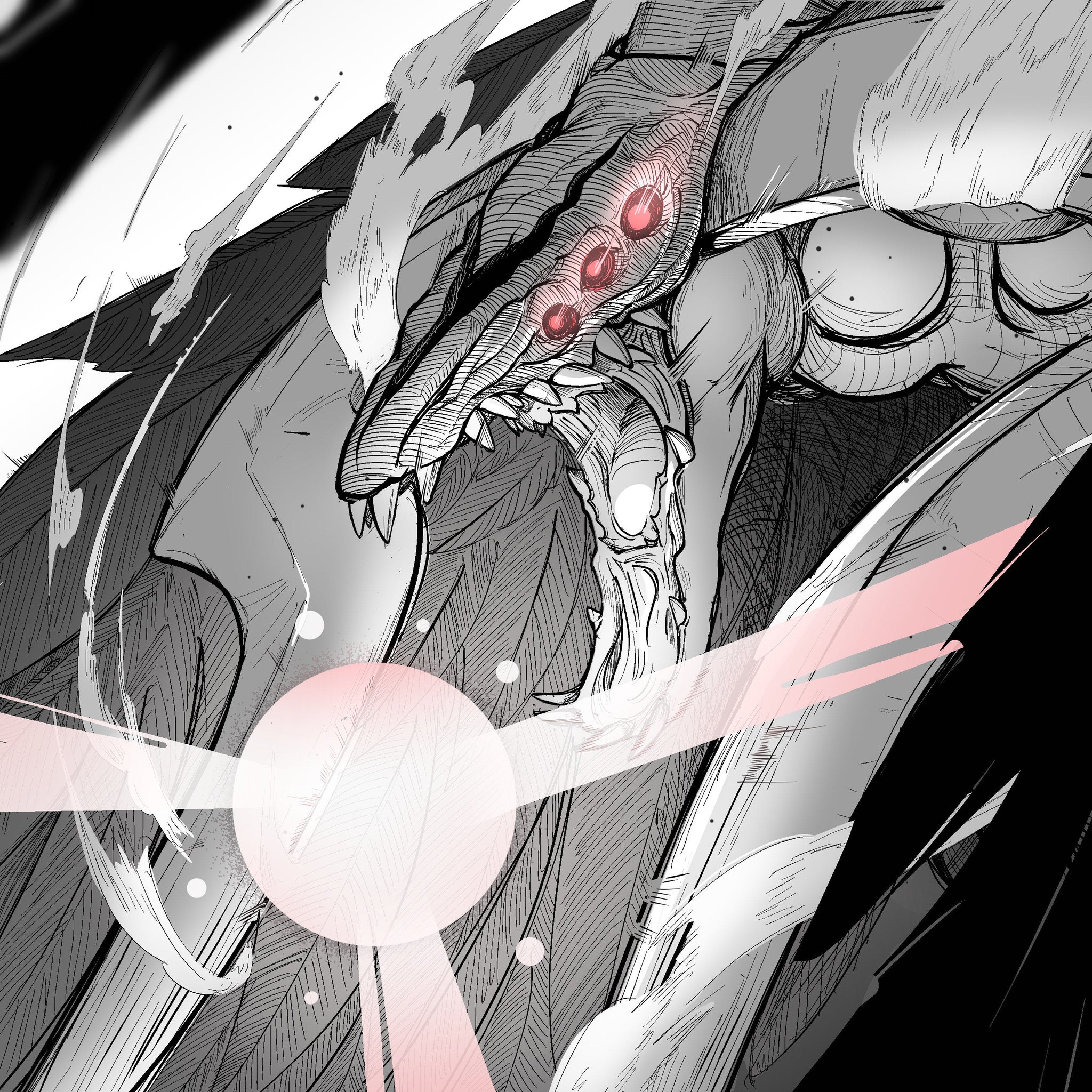 ailheim, fire emblem, fire emblem awakening, nintendo, commentary, english commentary, highres, 1other, dragon horns, dragon wings, fangs, feathered dragon, feathered wings, feathers, grima (dragon) (fire emblem), hatching (texture), horns, linear hatching, no humans, open mouth, partially colored, red eyes, red theme, wings