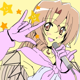 segawa haruna, maria (hayate no gotoku!), hayate no gotoku!, macross, macross frontier, bad id, lowres, 1girl, brown hair, female focus, m/, parody, seikan hikou, solo