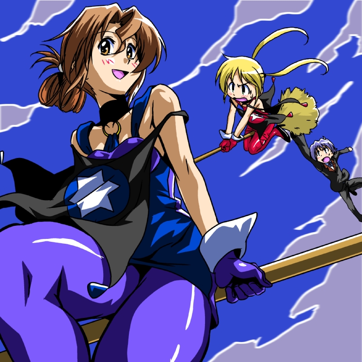 segawa haruna, aikawa akane, ayasaki hayate, maria (hayate no gotoku!), sanzen'in nagi, sawanoguchi sae, hayate no gotoku!, mahou tsukai tai!, bad id, 1boy, 2girls, aikawa akane (cosplay), blonde hair, blue hair, blue pantyhose, brown hair, cosplay, folded ponytail, multiple girls, pantyhose, red pantyhose, sawanoguchi sae (cosplay), twintails