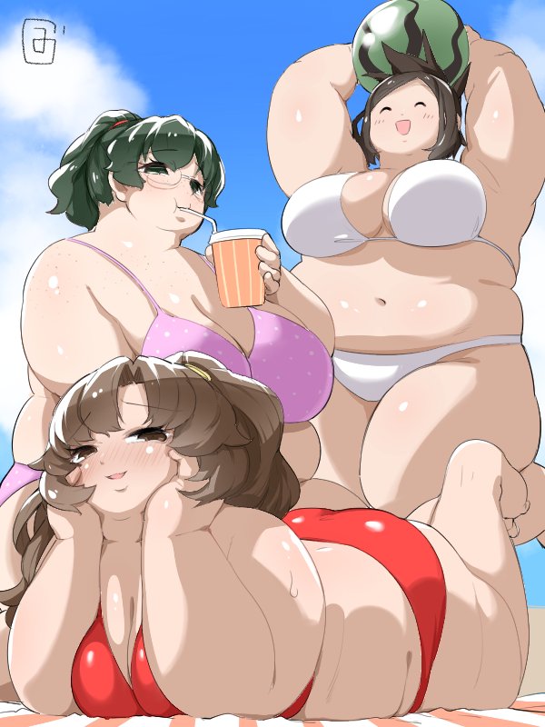 mizsawa, zuisawa, original, 3girls, armpits, arms up, ass, beach, beach towel, bikini, black eyes, black hair, blush, body freckles, breasts, brown eyes, brown hair, cleavage, closed eyes, drink, drinking straw, drinking straw in mouth, fat, fat woman, food, freckles, fruit, glasses, hair tie, hands on own cheeks, hands on own face, holding, holding drink, holding fruit, holding watermelon, huge breasts, large breasts, long hair, lying, multiple girls, navel, on stomach, open mouth, outdoors, pink bikini, plump, ponytail, red bikini, short hair, sitting, sky, smile, standing, standing on one leg, swimsuit, thick arms, thick thighs, thighs, towel, watermelon, white bikini