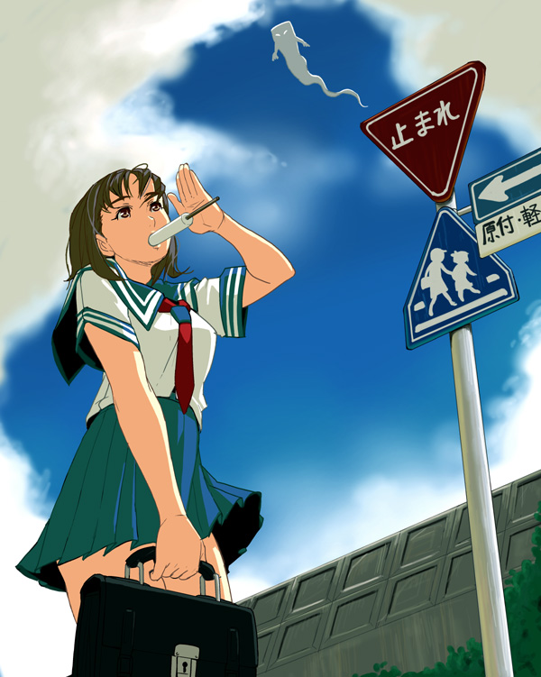 kouno (masao), original, 1girl, briefcase, cowboy shot, day, female focus, food, ghost, popsicle, school uniform, serafuku, sign, skirt, sky, solo