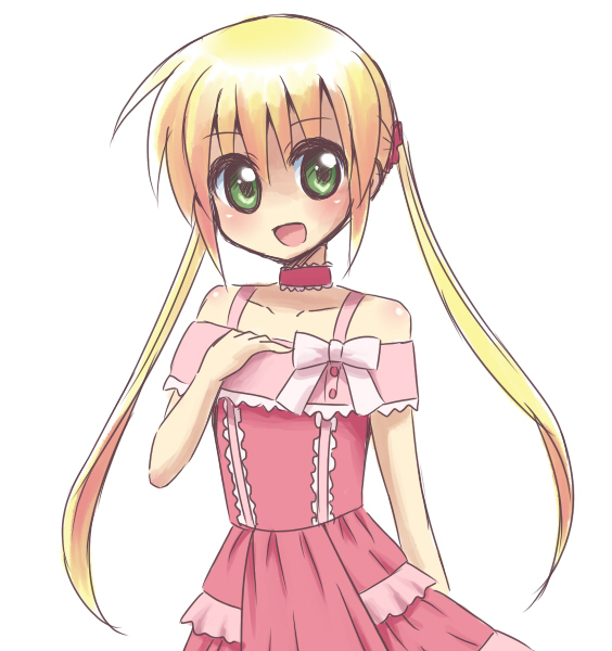 komeko5, sanzen'in nagi, hayate no gotoku!, 00s, 1girl, :d, blonde hair, dress, female focus, green eyes, hair between eyes, open mouth, simple background, smile, solo, twintails, white background