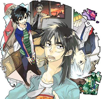 kabu (kabuteri), akagi shigeru, itou kaiji, kudou gai, ukai zero, akagi, akagi: yami ni oritatta tensai, buraiden gai, fukumoto mahjong, kaiji, tobaku haouden zero, lowres, 4boys, black hair, denim, eating, food, full body, glasses, indoors, jeans, lab coat, long sleeves, looking at viewer, male focus, mouth hold, multiple boys, pants, rimless eyewear, standing, sweater, window