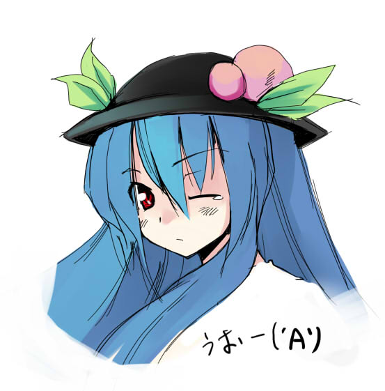 seo tatsuya, hinanawi tenshi, touhou, 1girl, blue hair, female focus, food, fruit, leaf, one eye closed, peach, red eyes, solo, wink