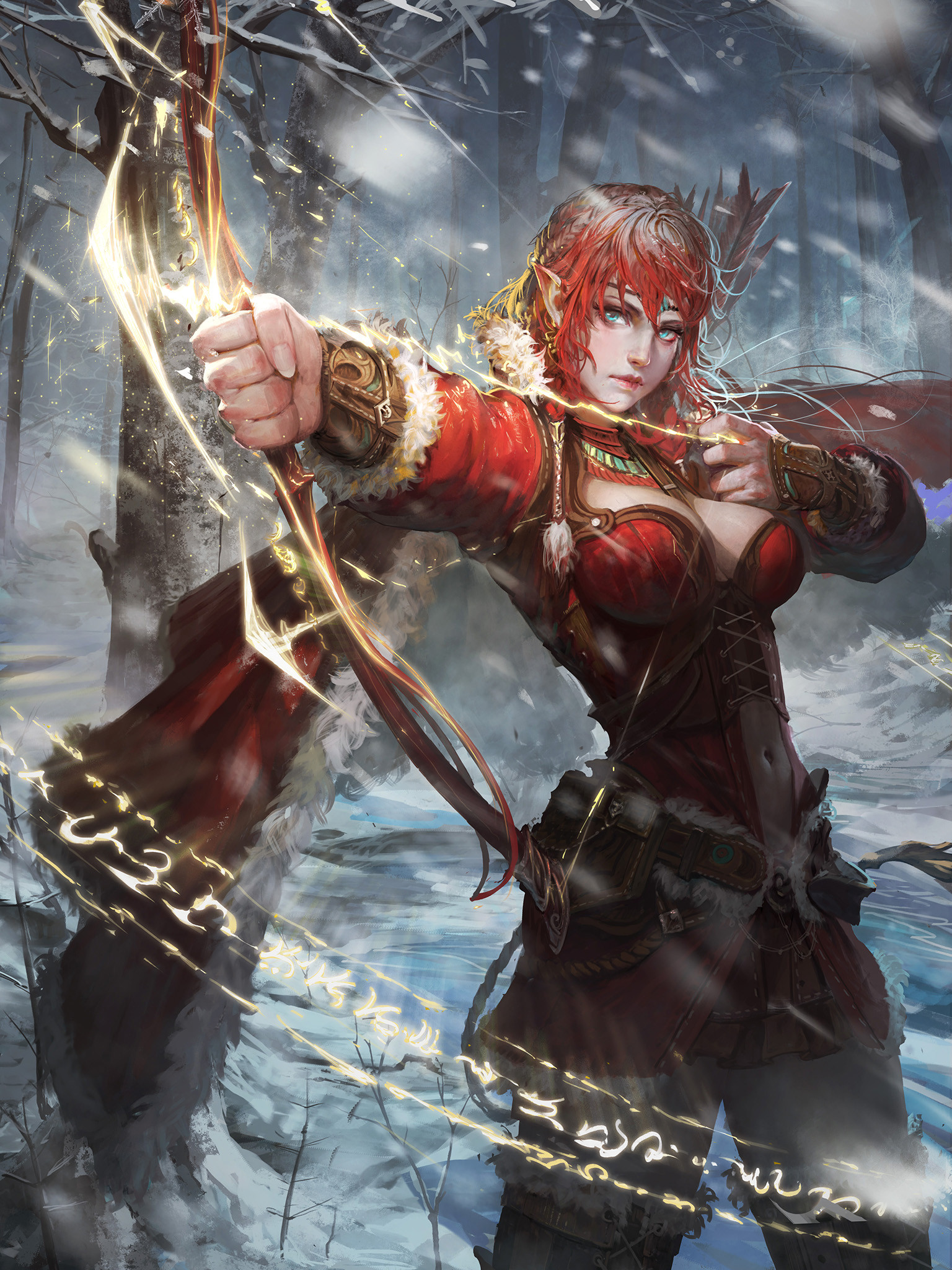 rui li, original, highres, aqua eyes, blue eyes, bow (weapon), breasts, cape, cleavage, elf, fur trim, magic, medium hair, pointy ears, red cape, red hair, snow, weapon