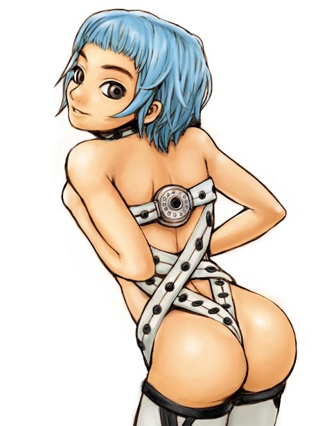 itou eito, ass, back, belt, belt bra, black eyes, blue hair, short hair, smile, solo, thighhighs
