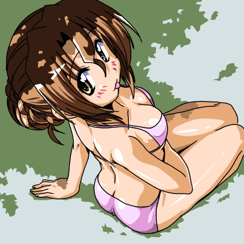 segawa haruna, maria (hayate no gotoku!), hayate no gotoku!, bad id, lowres, 00s, 1girl, arm support, arm under breasts, back, bikini, braid, braided bun, breasts, brown eyes, brown hair, female focus, folded ponytail, hair bun, large breasts, pink bikini, solo, swimsuit, tongue