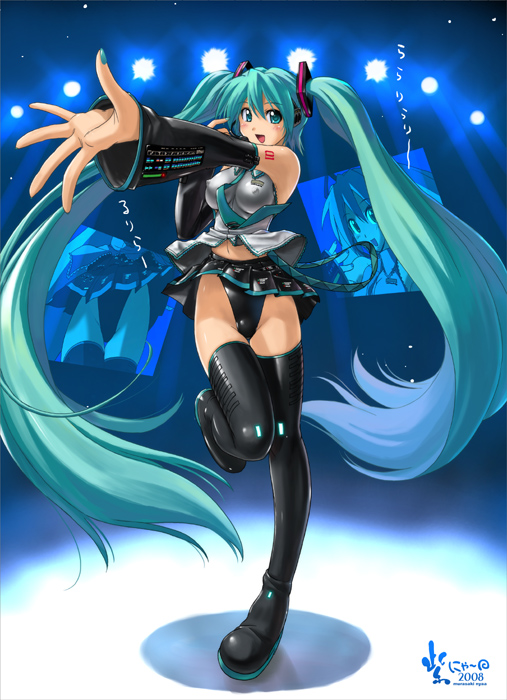 nyanko batake, hatsune miku, vocaloid, 1girl, aqua eyes, aqua hair, blush, breasts, covered erect nipples, female focus, highleg, legs, long hair, medium breasts, necktie, solo, thighhighs, twintails, very long hair