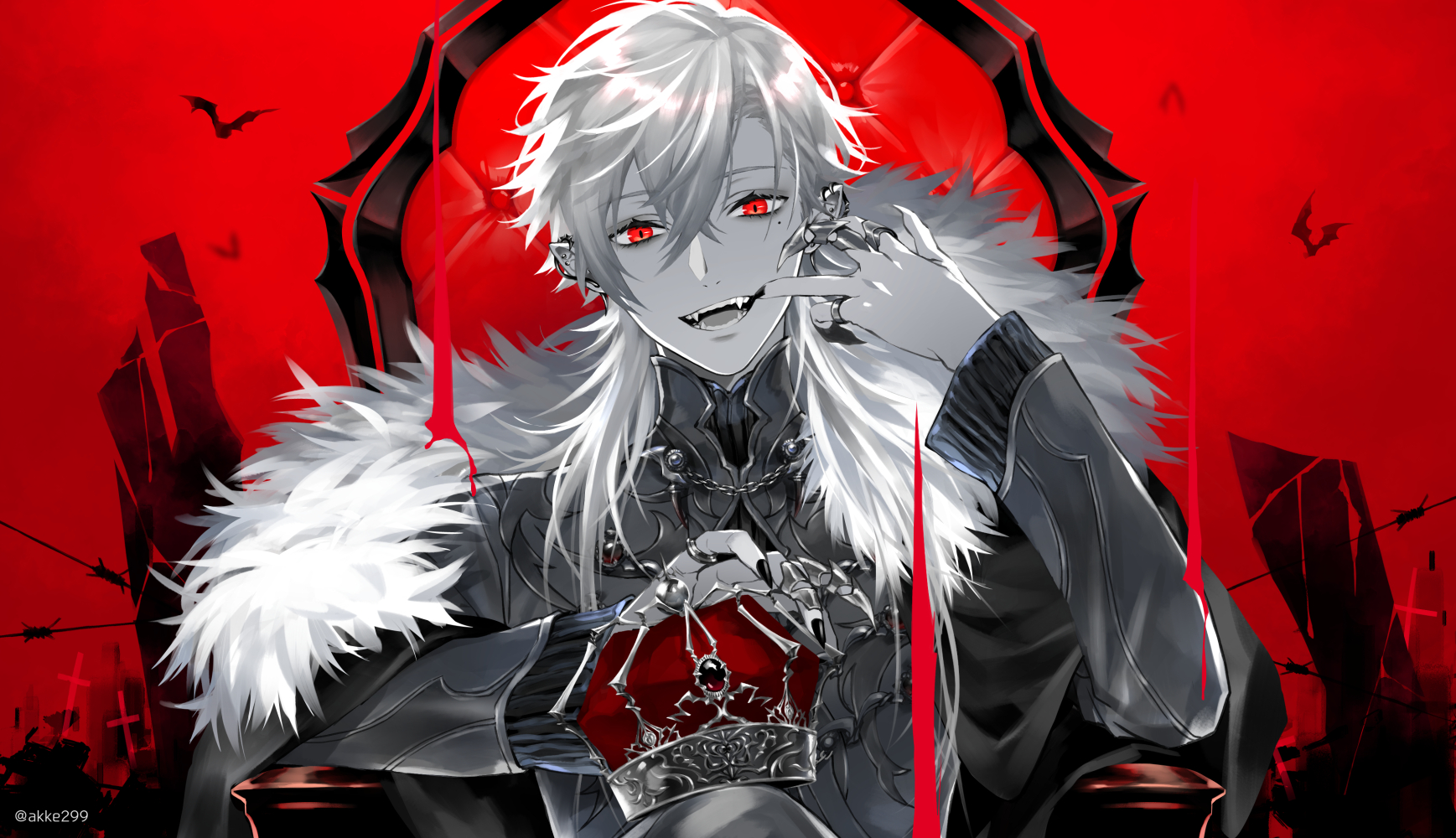 akke (akke299), kuzuha (nijisanji), king (vocaloid), nijisanji, highres, official art, 1boy, barbed wire, bat (animal), black coat, black nails, cape, chain, chair, coat, crown, ear piercing, earrings, fangs, fingernails, fur-trimmed cape, fur trim, hair between eyes, hand up, holding, holding crown, jewelry, long hair, long sleeves, looking at viewer, male focus, melting, mole, mole under eye, monochrome, nail polish, open mouth, pants, piercing, pointy ears, red background, red eyes, red theme, ring, sharp fingernails, sitting, smile, solo, spot color, straight-on, teeth, throne, turtleneck, twitter username, upper body, vampire, virtual youtuber, white hair