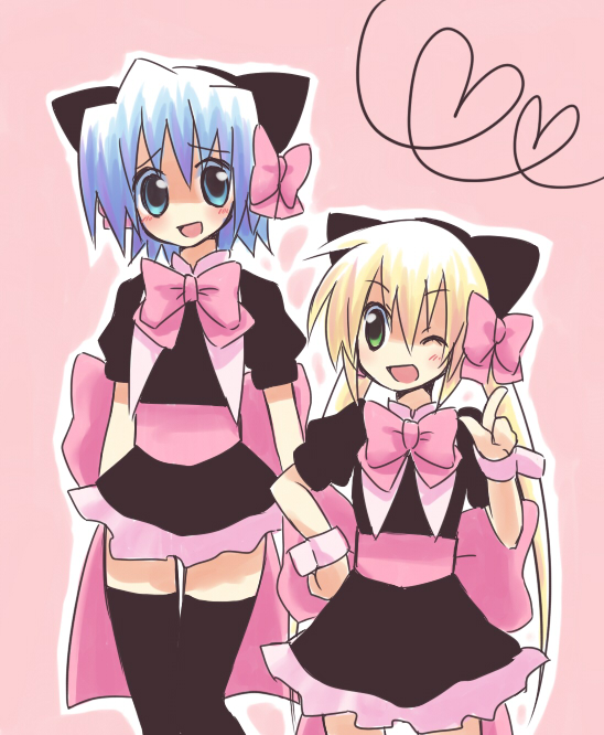 komeko5, ayasaki hayate, sanzen'in nagi, hayate no gotoku!, 00s, 1boy, 1girl, animal ears, blonde hair, blue hair, cat ears, thighhighs, trap, twintails
