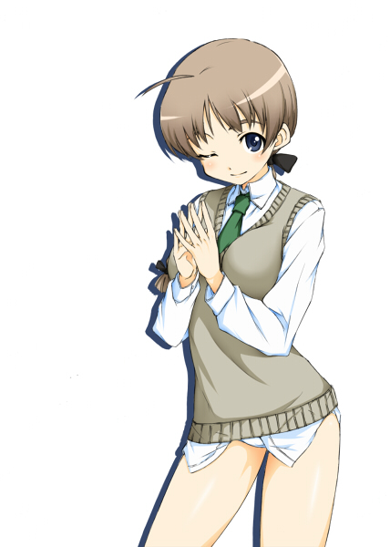 hamao, lynette bishop, strike witches, world witches series, 00s, 1girl, blue eyes, brown hair, female focus, one eye closed, panties, solo, underwear, wink