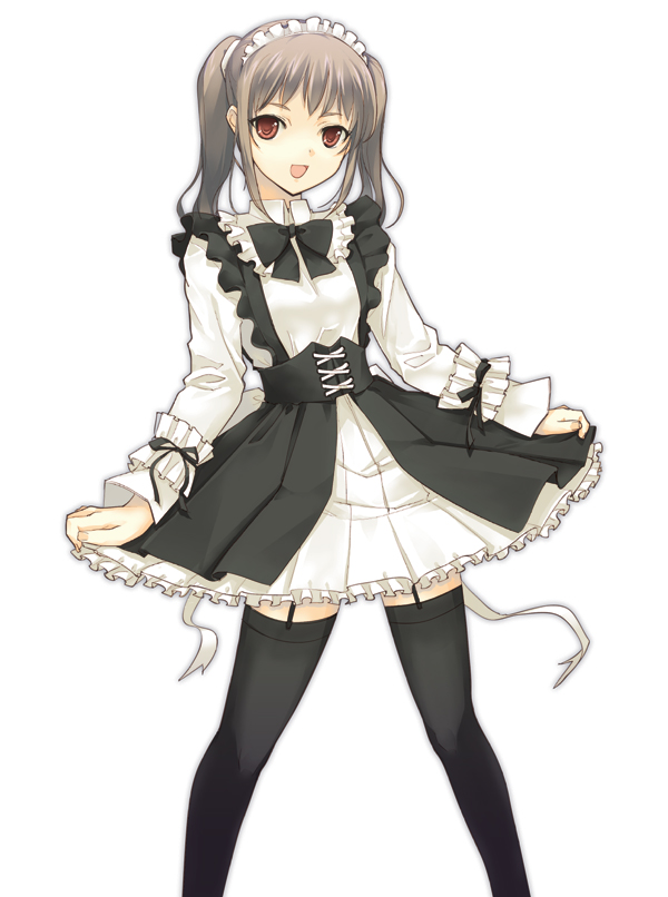dasoku sentarou, original, silver hair, 1girl, :d, black bow, black bowtie, black thighhighs, bow, bowtie, brown hair, clothes lift, dress, dress lift, female focus, frilled dress, frills, garter straps, legs apart, long sleeves, looking at viewer, maid, maid headdress, open mouth, red eyes, short hair, sidelocks, simple background, skirt hold, smile, solo, standing, thighhighs, twintails, white background, zettai ryouiki
