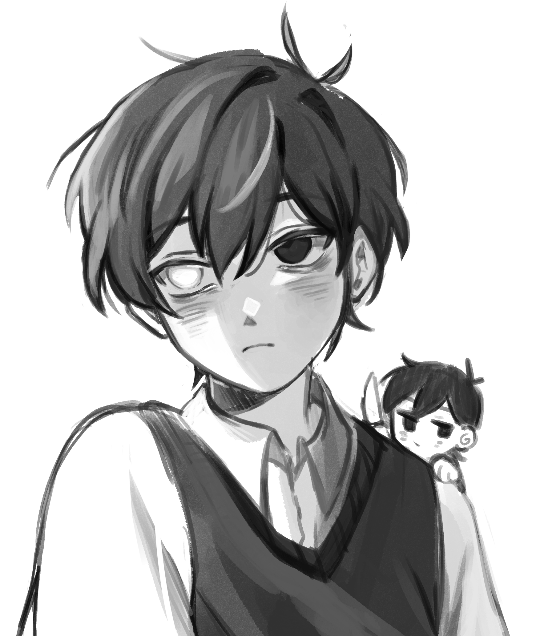 mikhamii, omori (omori), sunny (omori), omori, commentary, english commentary, highres, spoilers, 2boys, antenna hair, chibi on shoulder, closed mouth, collared shirt, double-parted bangs, dual persona, empty eyes, facing viewer, film grain, frown, hair behind ear, hair between eyes, heterochromia, holding, holding knife, knife, looking at viewer, looking to the side, male focus, multiple boys, no pupils, shirt, short hair, sidelighting, simple background, solo focus, sweater vest, upper body, upturned eyes, very short hair, white background