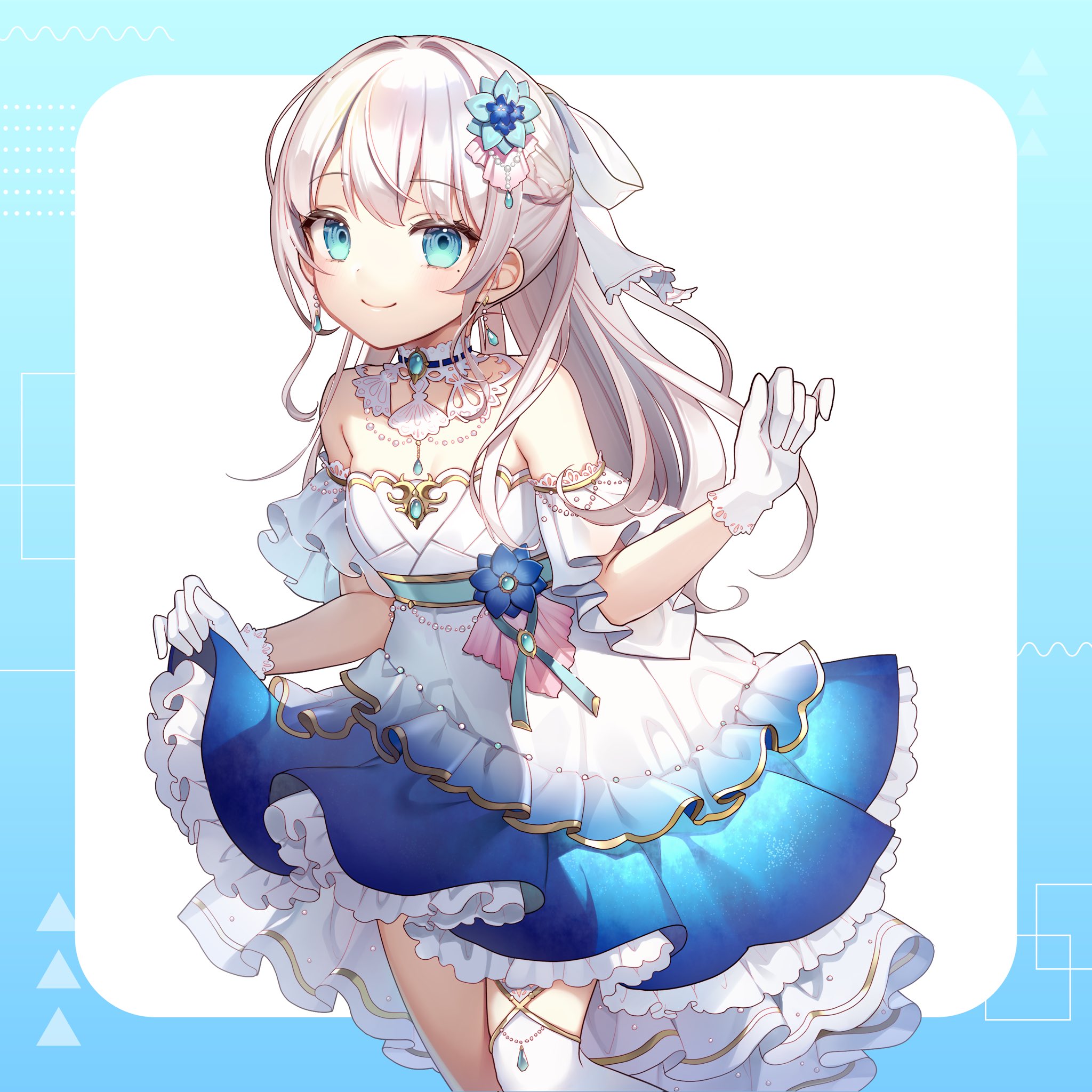 nagino mashiro (2nd costume), indie virtual youtuber, commentary request, commission, highres, second-party source, skeb commission, 1girl, blue border, blue dress, blue eyes, blue flower, blue gemstone, border, breasts, choker, cleavage, closed mouth, clothes lift, dot nose, dress, dress lift, earrings, feet out of frame, flower, frilled dress, frills, gem, gloves, hair ribbon, jewelry, lace, lace choker, lace trim, long hair, looking at viewer, masarudottoko, medium breasts, mole, mole under eye, official alternate costume, ponytail, ribbon, short dress, single thighhigh, smile, solo, thighhighs, white background, white choker, white gloves, white hair, white ribbon