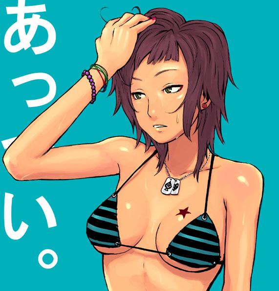 itou eito, bikini, purple hair, short hair, solo, striped bikini, striped clothes, sweat, swimsuit, tattoo