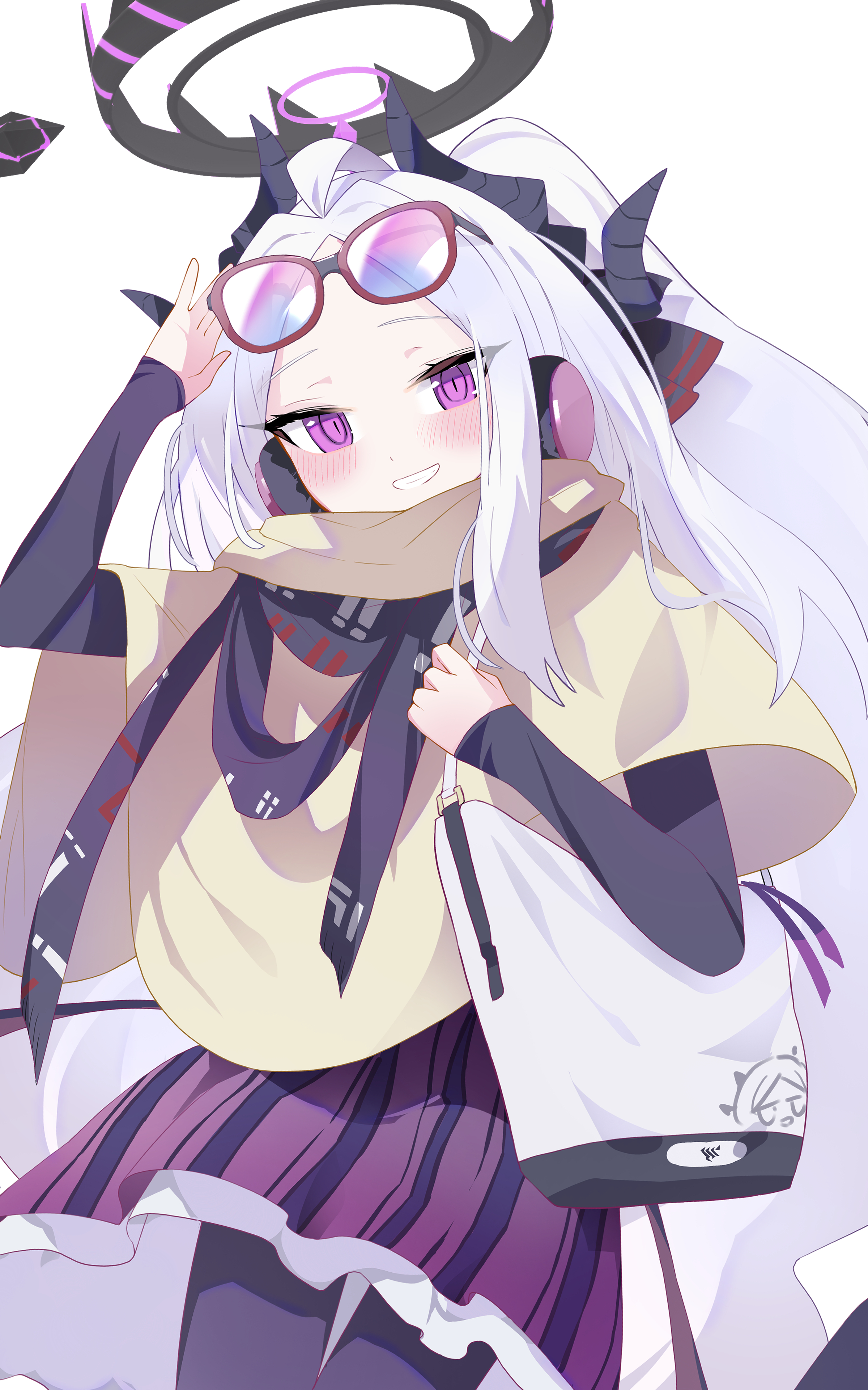 ura ra1800, hina (blue archive), blue archive, absurdres, commentary request, highres, 1girl, :d, adjusting eyewear, ahoge, alternate costume, bag, black pantyhose, black scarf, brown capelet, capelet, casual, clenched teeth, cowboy shot, demon girl, demon horns, demon wings, eyewear on head, forehead, grin, half updo, headphones, horns, long hair, long sleeves, looking at viewer, open mouth, pantyhose, parted bangs, purple-tinted eyewear, purple eyes, purple skirt, scarf, shoulder bag, sidelocks, simple background, skirt, smile, solo, standing, sunglasses, teeth, tinted eyewear, wavy hair, white hair, wings