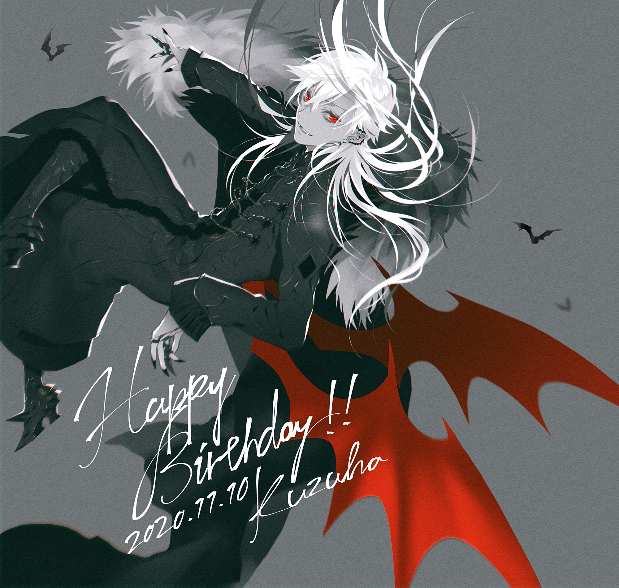 akke (akke299), kuzuha (nijisanji), nijisanji, highres, official art, 1boy, animal, bat (animal), bat wings, black boots, black cape, black coat, black nails, black pants, boots, cape, character name, coat, dated, ear piercing, earrings, english text, fangs, fingernails, floating hair, flying, fur-trimmed cape, fur trim, grey background, hair between eyes, happy birthday, high heel boots, high heels, jewelry, long fingernails, long hair, long sleeves, looking at viewer, male focus, monochrome, nail polish, pants, parted lips, piercing, pointy ears, red eyes, red wings, ring, sharp fingernails, signature, simple background, sleeves past wrists, smile, solo, spot color, twitter username, vampire, very long fingernails, virtual youtuber, white hair, wings