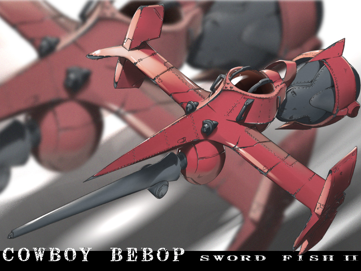 yukari (konekonekozou), swordfish ii, cowboy bebop, jet, 1990s (style), aircraft, airplane, flying, grey background, machinery, no humans, retro artstyle, simple background, spacecraft, spaceplane, vehicle focus, zoom layer