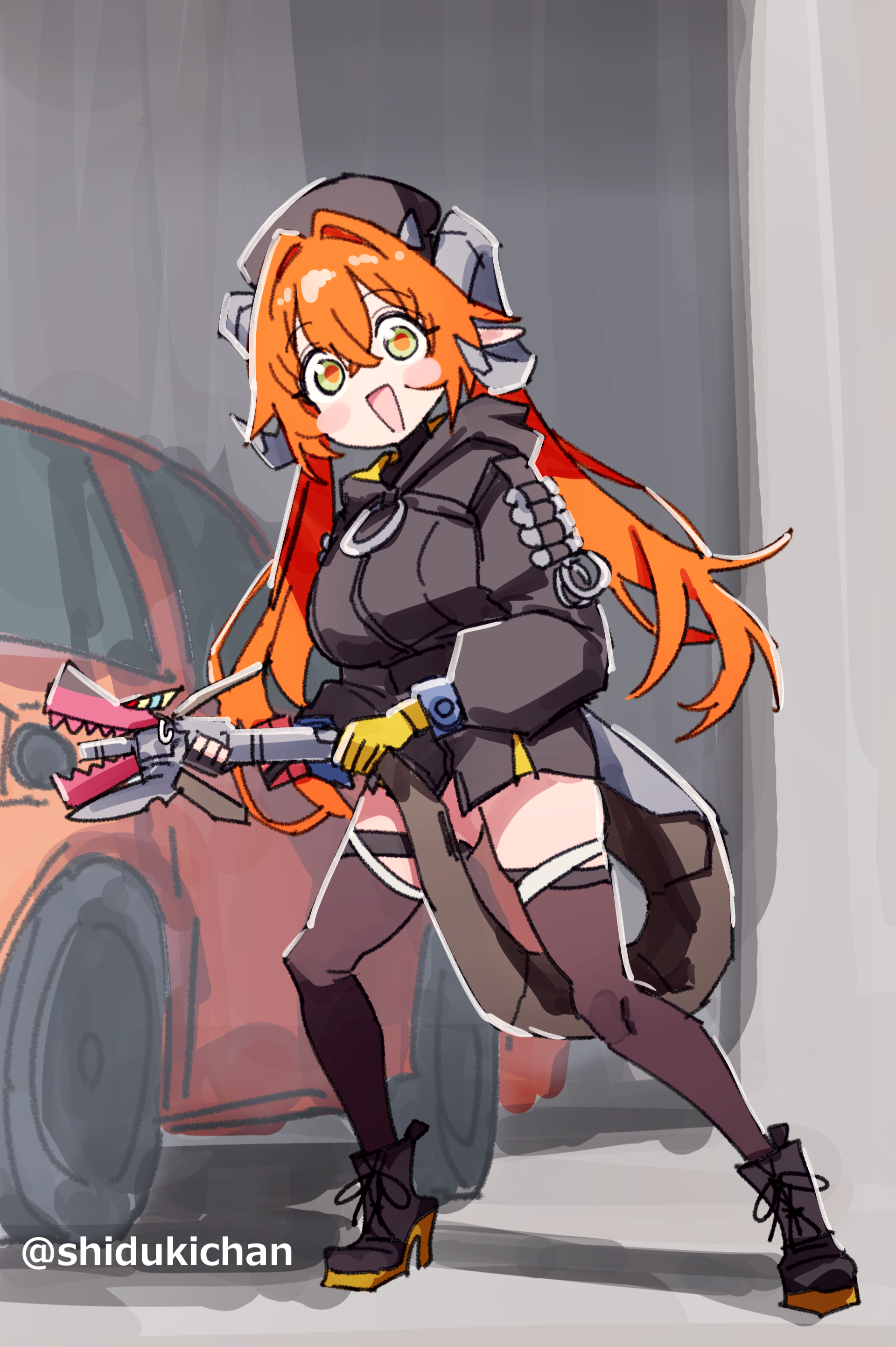 shigatsu shizuki, magus (zenless zone zero), orphie magnusson, zenless zone zero, absurdres, commentary request, highres, 1girl, :d, black jacket, black shoes, breasts, car, gloves, green eyes, holding, holding own hair, horns, jacket, long sleeves, looking at viewer, motor vehicle, open mouth, orange hair, orange pupils, pointy ears, refueling, shoes, smile, sweatdrop, twitter username, yellow gloves