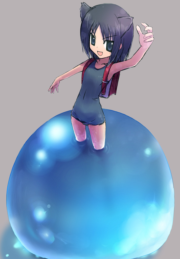 unikurage, daidouji kira, aq interactive, arcana heart, atlus, examu, 1girl, animal ears, backpack, bag, cat ears, female focus, one-piece swimsuit, open mouth, randoseru, school swimsuit, short hair, simple background, slime (creature), solo, swimsuit, water