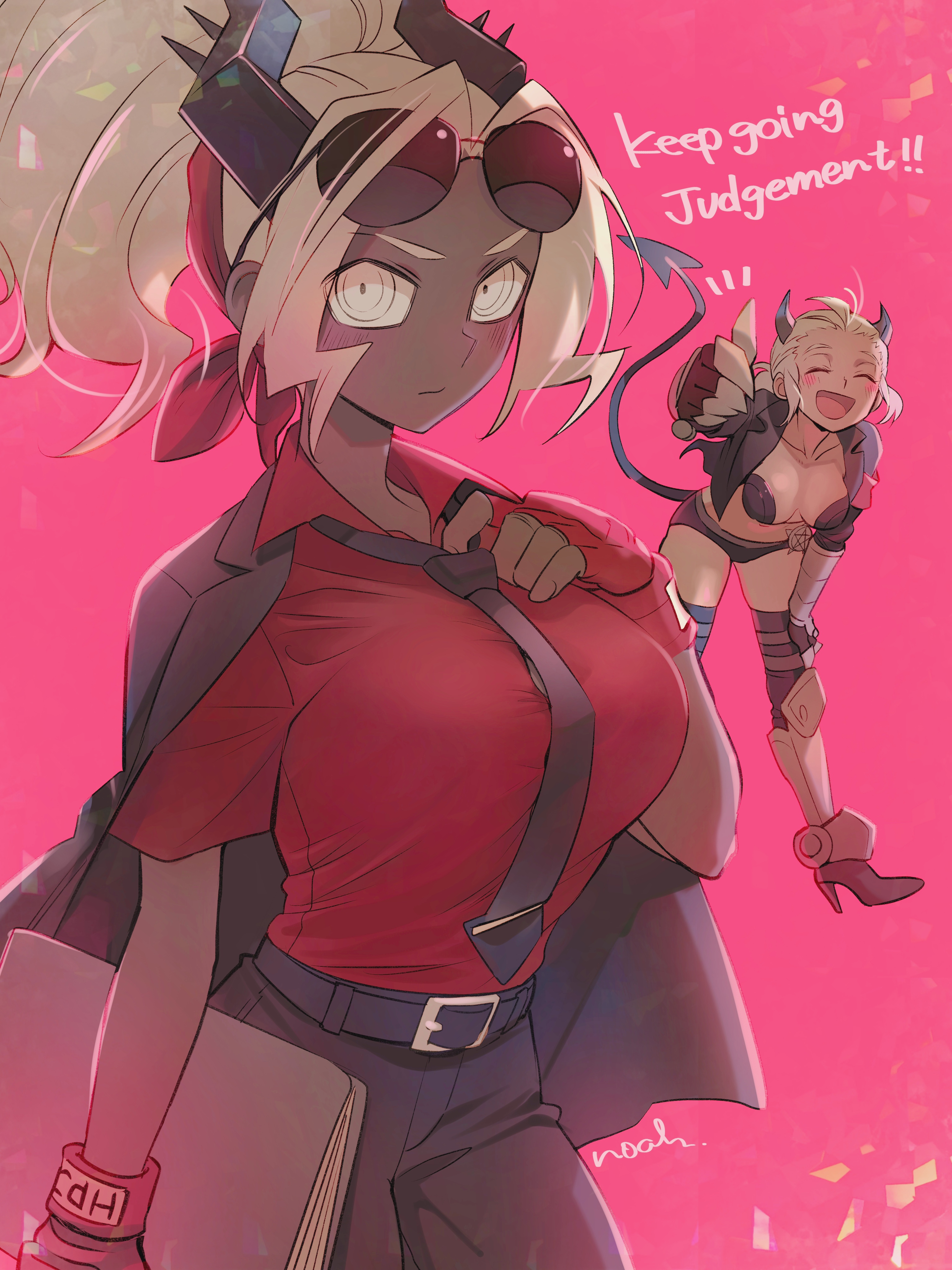noah (tettsui-sole), judgement (helltaker), justice (helltaker), helltaker, absurdres, highres, 2girls, ^ ^, artist name, belt, black belt, black horns, black necktie, black pants, breasts, cleavage, closed eyes, collarbone, cosplay, costume switch, dark skin, demon girl, demon tail, eyewear on head, fingerless gloves, gloves, horns, judgement (helltaker) (cosplay), justice (helltaker) (cosplay), laughing, looking at viewer, medium breasts, multiple girls, necktie, open mouth, pants, pink background, red gloves, red shirt, shirt, short sleeves, simple background, smile, sunglasses, tail, white eyes, white hair