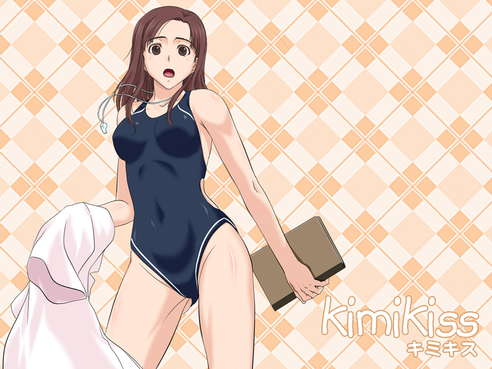 iga tomoteru, kawada tomoko, kimi kiss, brown hair, one-piece swimsuit, school swimsuit, swimsuit, whistle