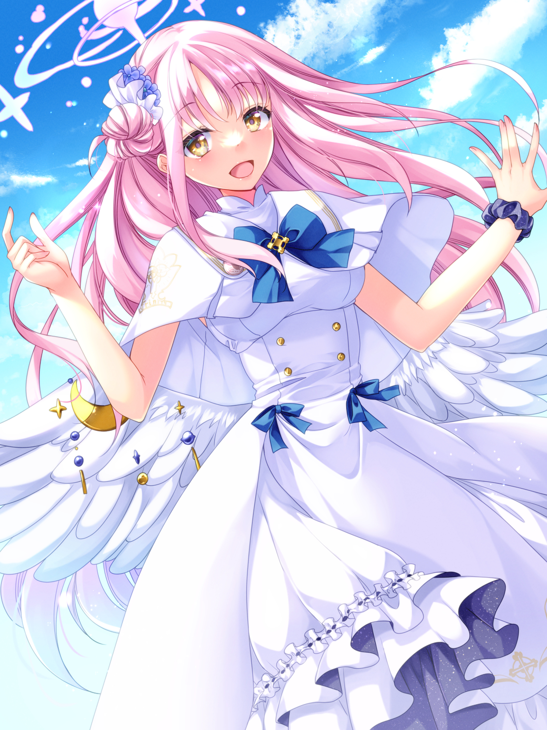 mika (blue archive), blue archive, highres, 1girl, angel wings, blue bow, blush, bow, breasts, buttons, capelet, double-breasted, dress, feathered wings, frilled dress, frills, halo, honeycombpit, looking at viewer, low wings, medium breasts, open mouth, pink hair, pink halo, scrunchie, smile, solo, white capelet, white overskirt, white wings, wing ornament, wings, wrist scrunchie, yellow eyes