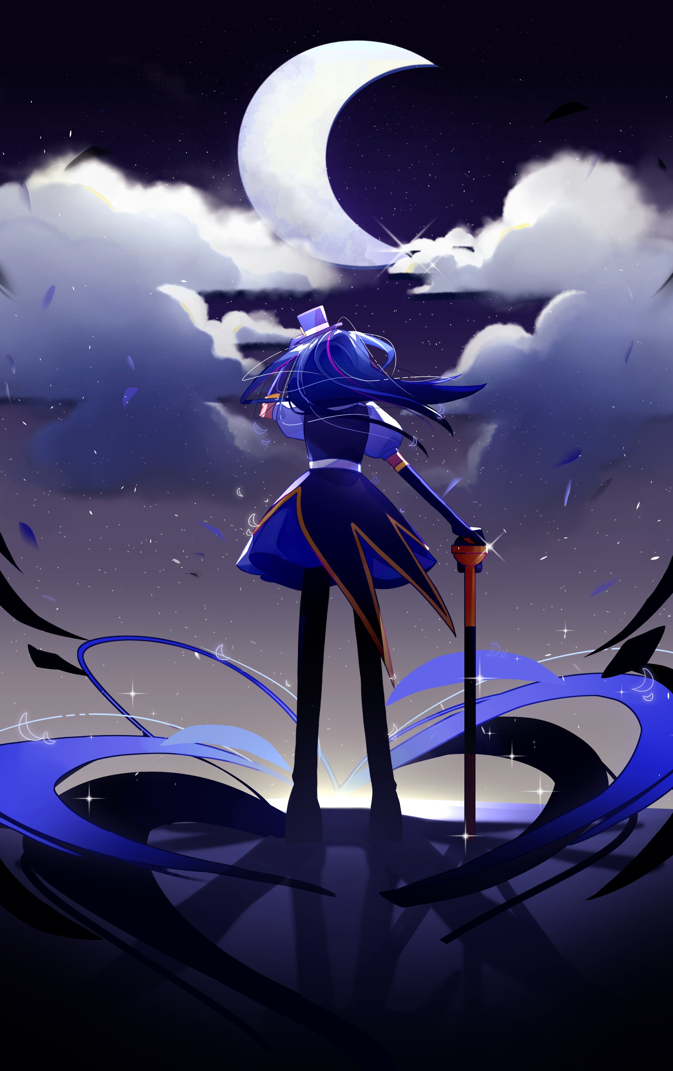 indigo keen (rainbow bubblegem), rainbow bubblegem, absurdres, commentary request, highres, korean commentary, 1girl, blue dress, blue hair, cloud, coattails, crescent, crescent moon, dress, dwaewangmogi17, floating hair, from behind, full body, hat, holding, holding weapon, long hair, moon, multicolored hair, night, night sky, outdoors, sky, solo, standing, star (sky), streaked hair, top hat, weapon
