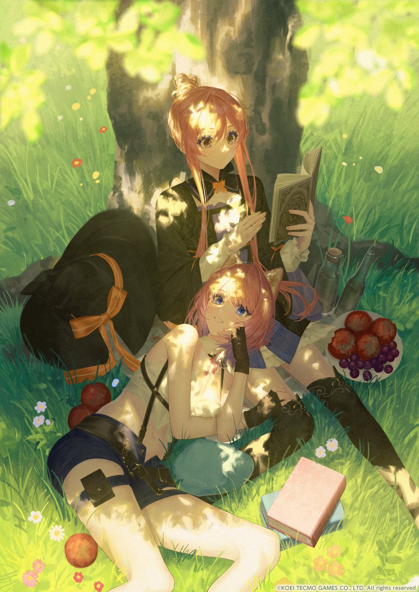 takubon, rias eidreise, wilbell voll-ersleid, atelier (series), atelier resleriana, atelier resleriana: the red alchemist & the white guardian, official art, 2girls, animal ears, blue shorts, book, bow, cat ears, cat girl, grass, hat, hat bow, holding, holding book, long hair, midriff, multiple girls, on grass, orange bow, pink hair, purple eyes, red hair, shorts, sitting, tree, tree shade, unworn hat, unworn headwear, witch hat