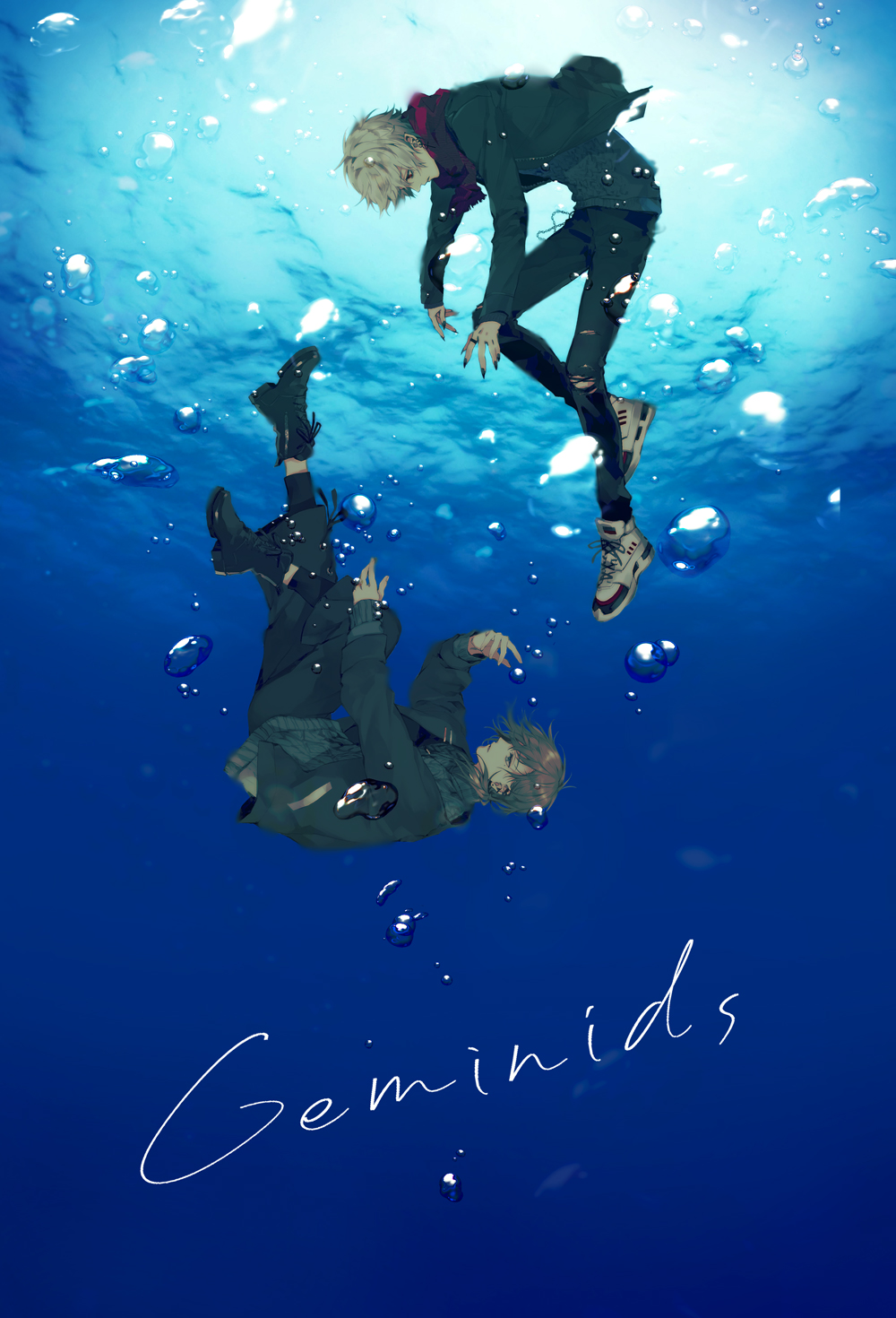 akke (akke299), kanae (8th costume) (nijisanji), kanae (nijisanji), kuzuha (5th costume) (nijisanji), kuzuha (nijisanji), nijisanji, highres, official art, 2boys, air bubble, black boots, black jacket, black nails, black pants, boots, brown hair, bubble, english text, fingernails, green eyes, grey sweater, hood, jacket, jewelry, long hair, looking at another, low ponytail, male focus, multiple boys, pants, parted lips, ponytail, red eyes, red scarf, ring, rotational symmetry, scarf, sharp fingernails, shoes, short hair, smile, sneakers, submerged, sweater, title, underwater, upside-down, virtual youtuber, water, white hair, white shoes