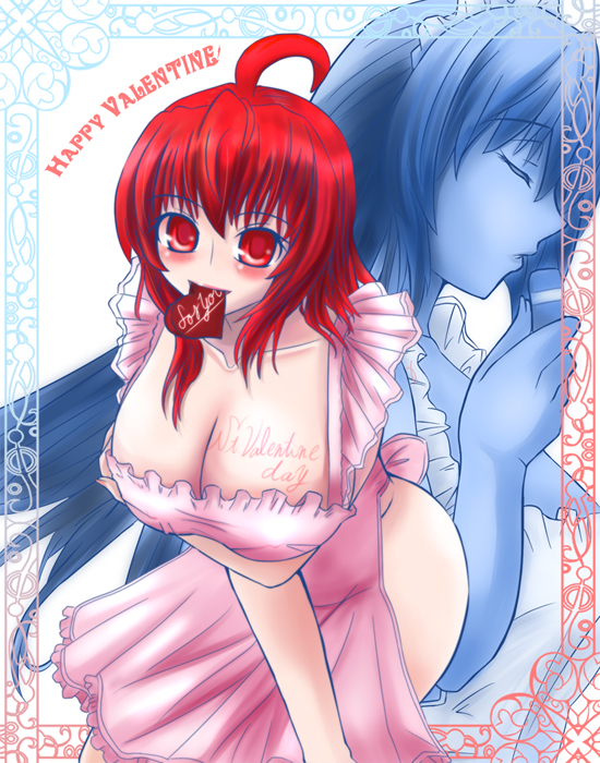 mizuno kakeru, breast hold, ahoge, apron, blush, breasts, cleavage, large breasts, red eyes, red hair