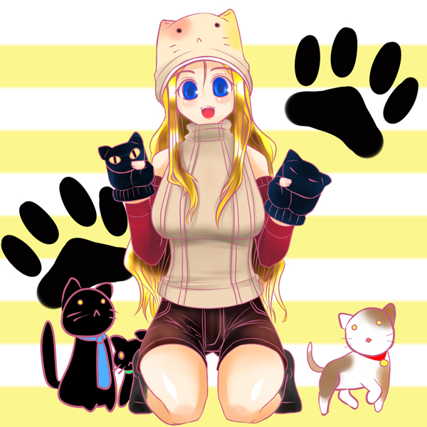mizuno kakeru, original, blonde hair, blue eyes, cat, gloves, happy, puppet, shorts, smile, solo