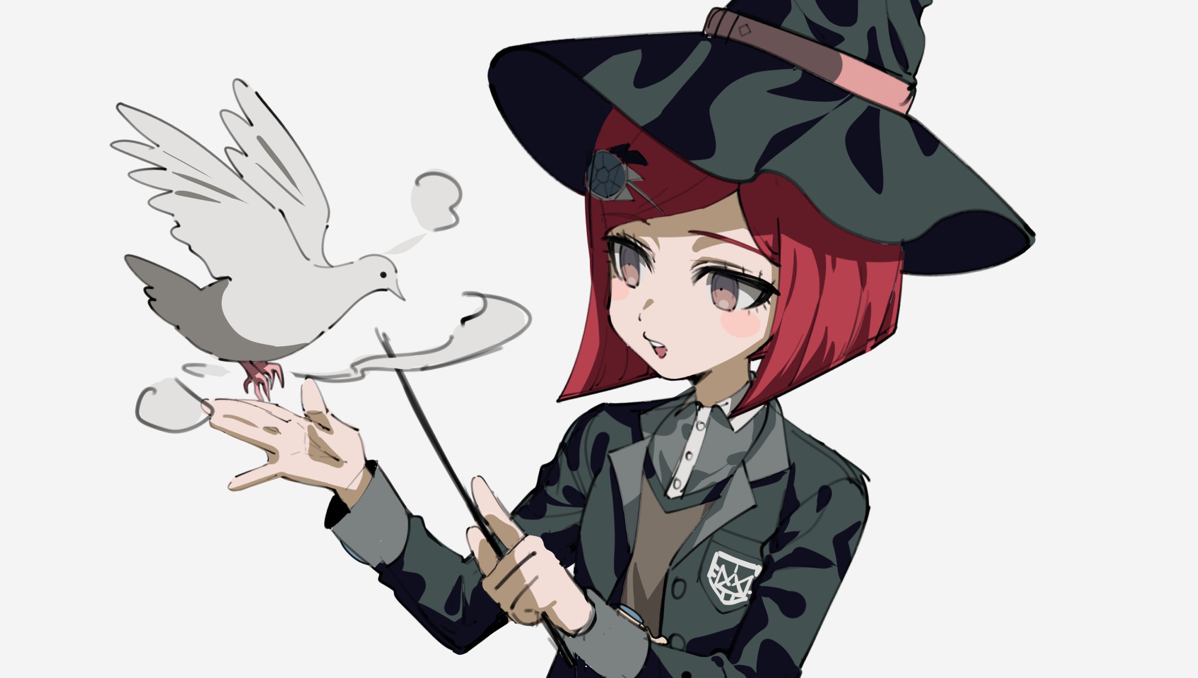 onbi i, yumeno himiko, danganronpa (series), danganronpa v3: killing harmony, highres, 1girl, :d, animal, bird, black jacket, collared shirt, gem hair ornament, grey shirt, hair ornament, hat, holding, holding wand, jacket, long sleeves, open clothes, open jacket, open mouth, red hair, shirt, short hair, simple background, smile, solo, teeth, upper teeth only, wand, white background, white shirt, witch hat