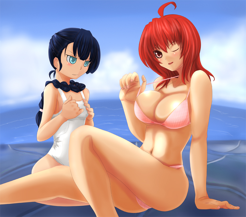 mizuno kakeru, 2girls, ahoge, bikini, bikini top only, blue eyes, blue hair, braid, breasts, cleavage, cloud, day, large breasts, multiple girls, ocean, one eye closed, red eyes, red hair, sky, small breasts, swimsuit, wink