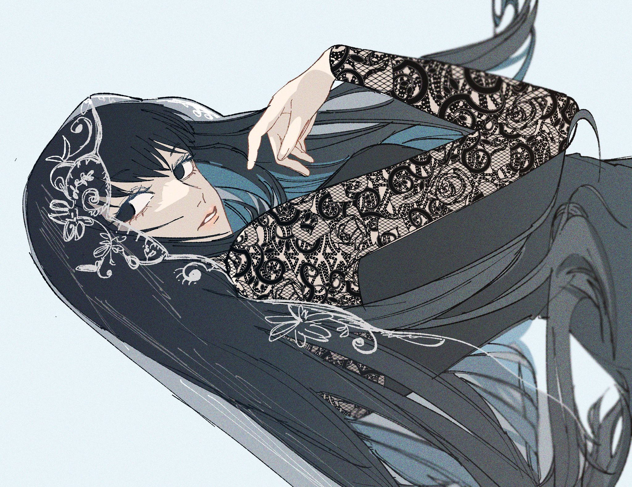 sonono71, osaragi (sakamoto days), sakamoto days, highres, 1girl, black eyes, black hair, black veil, dress, lace-trimmed veil, lace dress, lace trim, long hair, long sleeves, looking back, parted lips, see-through clothes, see-through dress, solo, veil, white background