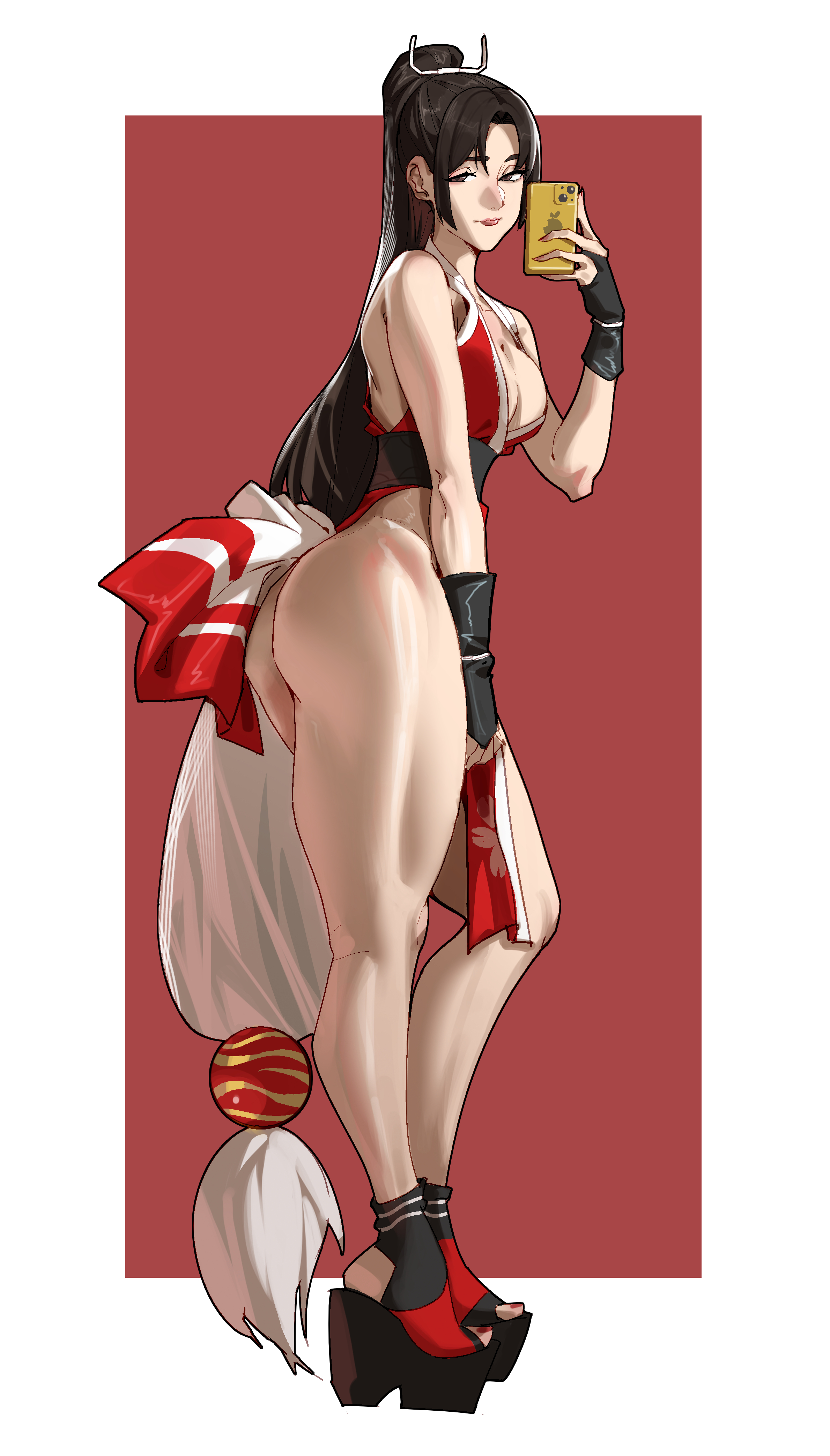 cloudy rain4, shiranui mai, fatal fury, street fighter, street fighter 6, the king of fighters, absurdres, highres, 1girl, arm up, ass, bare shoulders, black hair, breasts, cleavage, contrapposto, full body, high heels, long hair, looking at viewer, parted bangs, pelvic curtain, ponytail, selfie, simple background, solo, thick thighs, thighs
