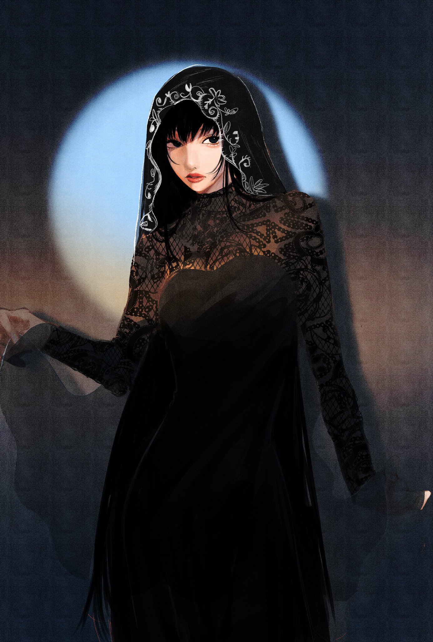 sonono71, osaragi (sakamoto days), sakamoto days, highres, 1girl, black eyes, black hair, black veil, dress, lace-trimmed veil, lace dress, lace trim, long hair, long sleeves, parted lips, see-through clothes, see-through dress, solo, spotlight, veil
